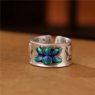 lucky charm ring for 2024 Vintage Cloisonné Carp Lotus Heart Sutra S925 Silver Open Ringring for men