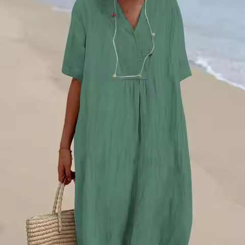 Summer Women V Neck Short Sleeve Loose Cotton Linen Knee Length Party Dresses NMD-6669