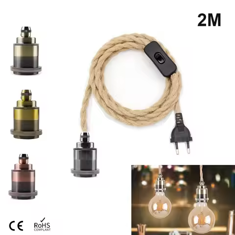 EU Plug Power Cord Twisted Hemp Rope Decorative E27 Socket Copper Lamp Base Cable 2M 3M 4.5M 220V El