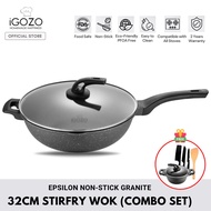 SAUCEPAN iGOZO Epsilon Non Stick Granite Stir-fry Wok Deep Fry Pan (32cm) [FREE 20cm Casserole Pot + 3 pcs Knife + Spatu