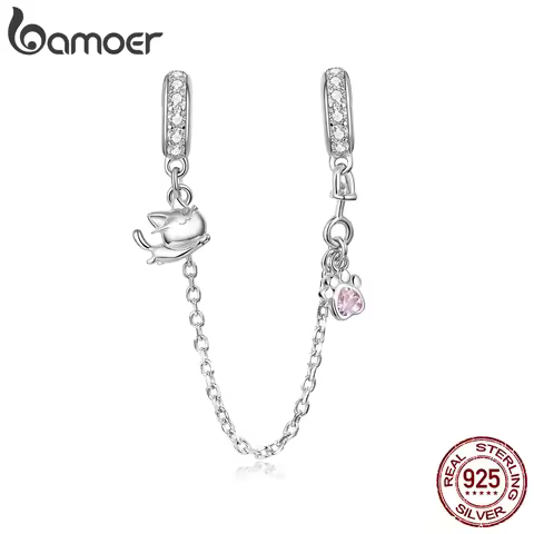 bamoer Silver 925 Jewelry Kitty Cat Safety Chain Charm fit for Original 3mm Snake Bracelet & Bangle 