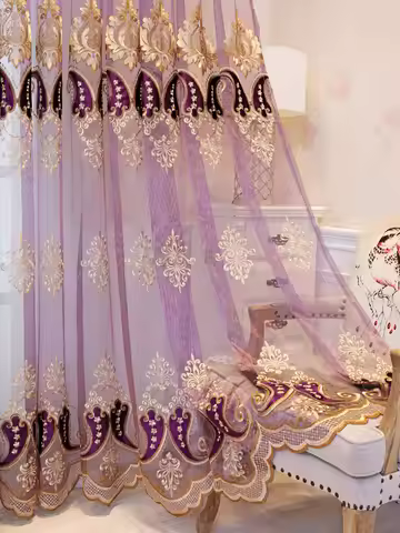 1PC Embroidered Living Room Balcony Study Dining Room European Style Purple Window Screen Curtain