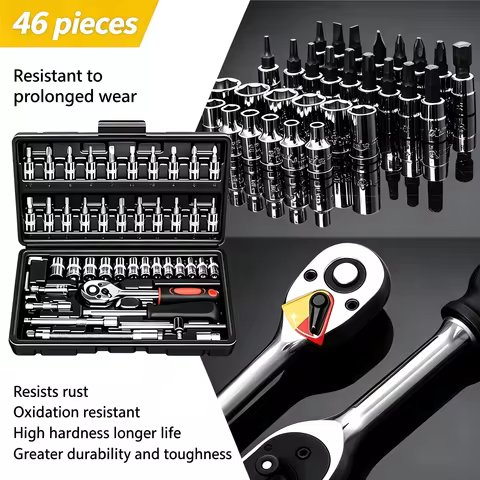 46pcs Auto Mechanical Repair Tool Set, Multifunctional with Socket Metric Hex Bit Socket Set Mechani