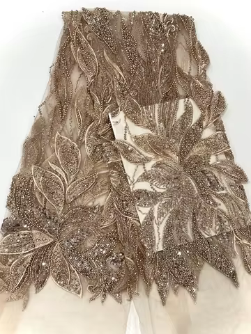 Gold Beads Lace Fabric With Sequence Latest Lace Fabric High Quality 2026 Blue Beaded Tulle Lace Fab