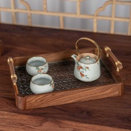 Begonia Embossed Glass Solid Wood Tray New Chinese Black Walnut Tea Tray Tempered Glass Retro Storag