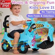 Kids Ride On Excavator Digger Toy with Music 4 Wheels Sliding Walker Car for Indoor Play and Enterta