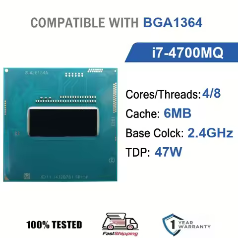 Intel Core i7-4700MQ 4 Core 8 Thread 2.40GHz 47W 6MB Cache 22nm BGA 1364 SR15H DDR3L-1600 MHz Haswel