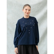 AUMONE Laco Beads Shirt Navy (Women's Long Sleeve Oversize Cotton detail Beads Top)