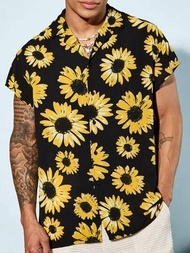 Manfinity VCAY 男士夏季，時尚向日葵圖案短袖夏威夷襯衫，包覆式領口，適合休閒沙灘穿著