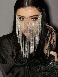 時尚長流蘇口罩配鑽石半面派對面具適用於女性