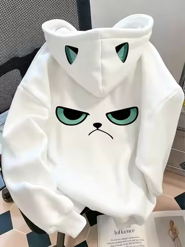 Cartoon Grumpy Cat Print Hoodie For Women Creative Hood Cat‑Ear Design Long Sleeve Casual Oversized 