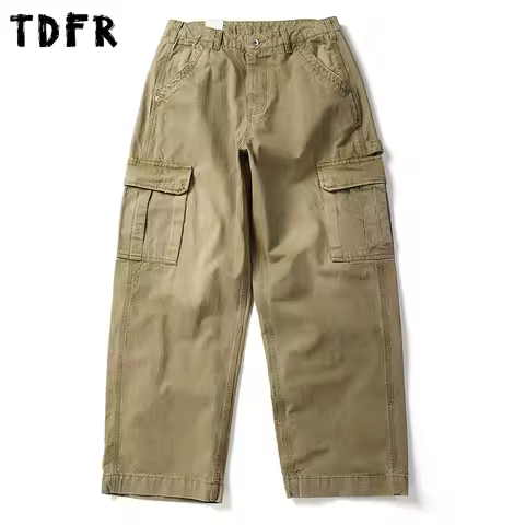 Distressed Cargo Pants Mens Multi-Pocket Retro Safari Style Loose Wide Leg Zipper Fly Trousers Men