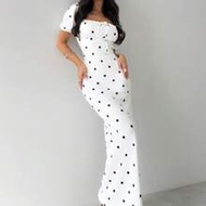 Women Elegant Romantic 1940s Vintage Retro Vintage 70s Square Neck White And Black Polka Dot Bodycon