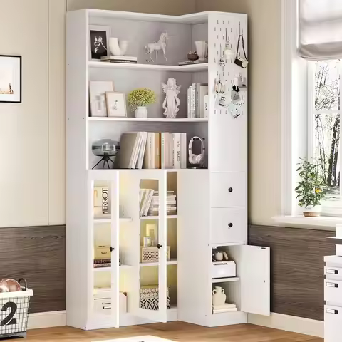 L-Shaped 78.7 Tall Bookshelf with LED Lights, 7 Tiers, Desks, and Transparent Doors for Living Room