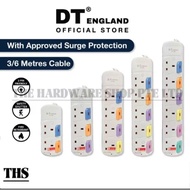DT England 3/6 Metres Extension Socket Cord , Approved Surge Protection , Safety Mark