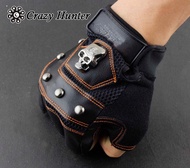 New Skull Logo Mens Leather Biker Motorcycle Training Driving Fingerless Gloves