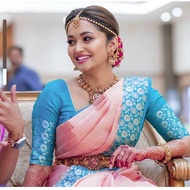 SA039 Pink Colour Saree with Blue Border - Sof Lichi Silk Saree