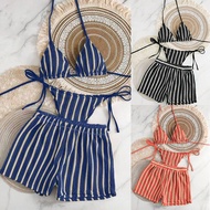 bikini Swimsuit 3-Piece set Striped Knitted Fabric For Going To The Beach New 1222