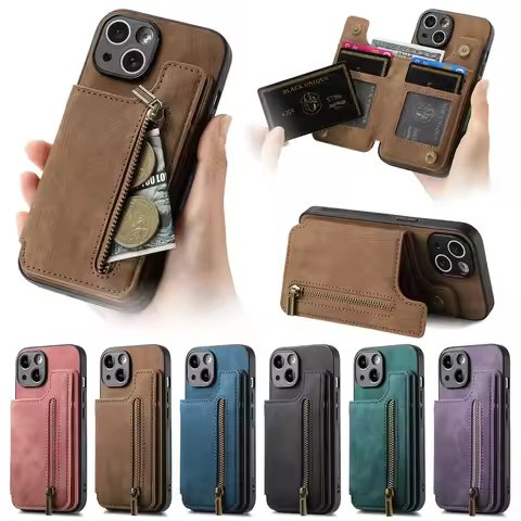 Zipper Cards Solt Wallet Leather Case for IPhone 17 Air 16 15 13 Pro Max 14 Plus 16Pro I Phone i16 M
