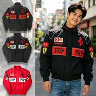 New F1 Ferrari Embroidery Jacket Motorcycle Windbreaker Men Retro Velcro Varsity Jacket With Zipper