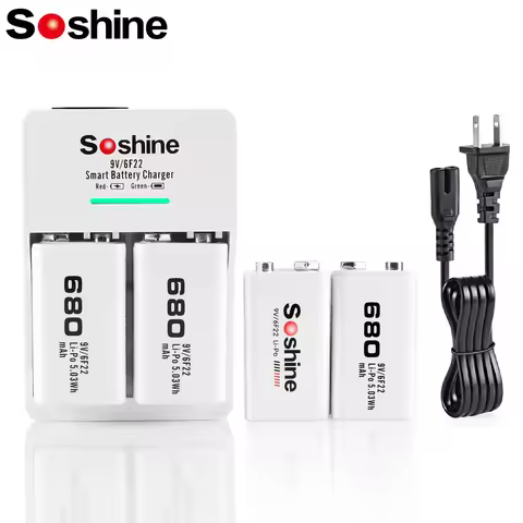 Soshine 4PC 9V 6F22 680mAh Rechargeable Battery and 2 Slots Smart EU US Battery Charger Ni-MH Li-ion