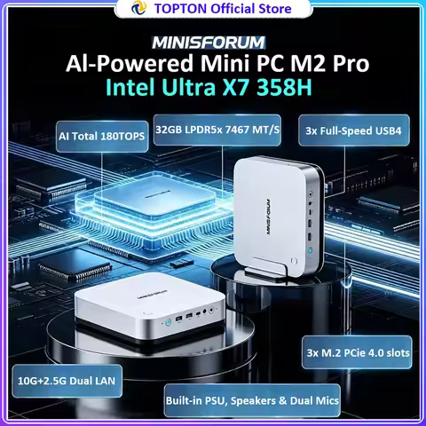 MINISFORUM M2 Pro AI Mini PC Gaming Intel Ultra X7 358H 32GB LPDDR5 3xUSB4 3xNVMe 10G+2.5G 2xLANs Fi