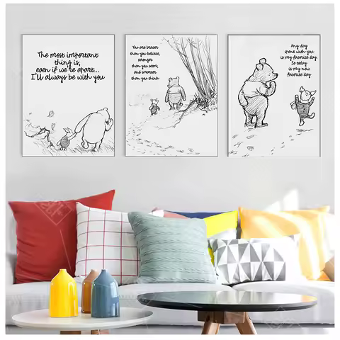 Winnie The Pooh Quotes Canvas Posters and Prints Classic Cartoon Movie Art Painting Black White Pict