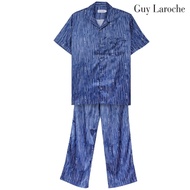 Guy Laroche Short-Sleeved Collar Pajamas Long Pants Printed Pattern Satin Fabric Navy Blue Model JPP