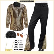 70s Disco Outfit for Men 70s Costume with Retro Shirt Bell Bottom Pants Halloween Cosplay Costume