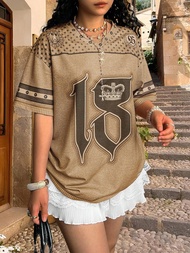 Fashion Print Woman T Shirt Girl Oversize Daily Top Female Creativity Sport Streettshirt V-Neck T-Sh