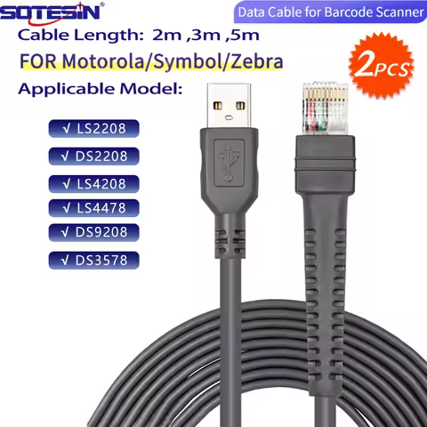 SOTESIN 2pcs CBA-U01-S06ZAR 3m For Zebra Motorola Symbol barcode reader cable DS2208/LS2208/DS4208/D