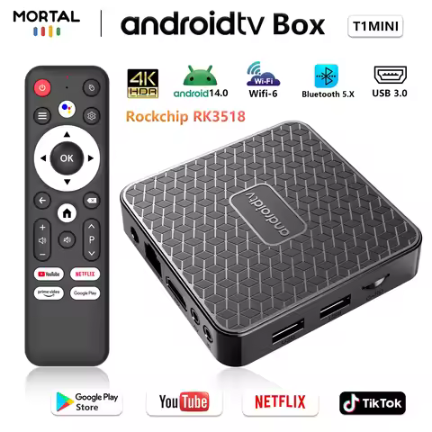 Mortal T1Mini Android 14 Android TV Box with Netflix Rockchip RK3518 Google Assistant Streaming Blue