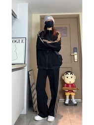 Black Three-Bar Sportswear Set for Men Autumn Lazy College Style Sweatshirt Sweatpants Back-To-Schoo