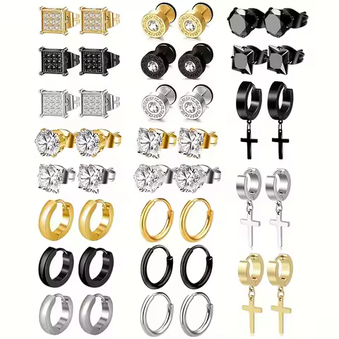 21 pairs of men's stainless steel earrings, circular CZ earrings, hypoallergenic earrings, unisex pe