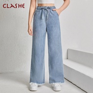 Clashe Burr Edge Palazzo Jeans For Women Elastic Waistband Simple Denim Casual Loose Straight Seluar