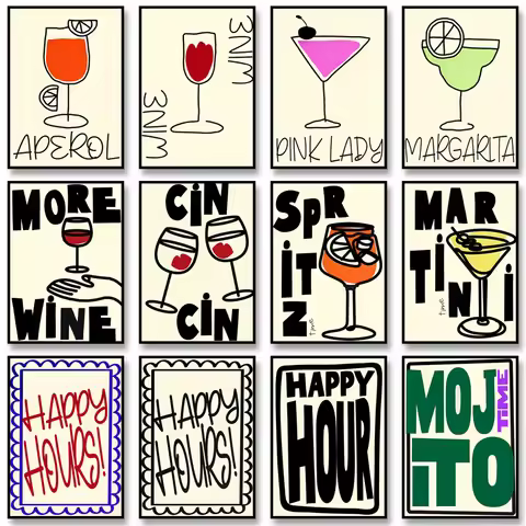 Cocktail Posters Colourful Retro Canvas Painting Alcoholic Drinks Print Wall Art Pictures for Party 