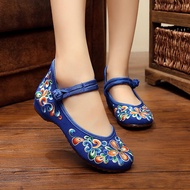 Veowalk Handmade Spring Floral Embroidered Women Canvas Ballet Flats High Top Ankle Strap Vintage La