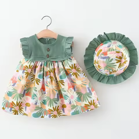 2Piece Set Summer Toddler Dresses For Girls Korean Fashion Flowers Sleeveless Beach Princess Dress+H