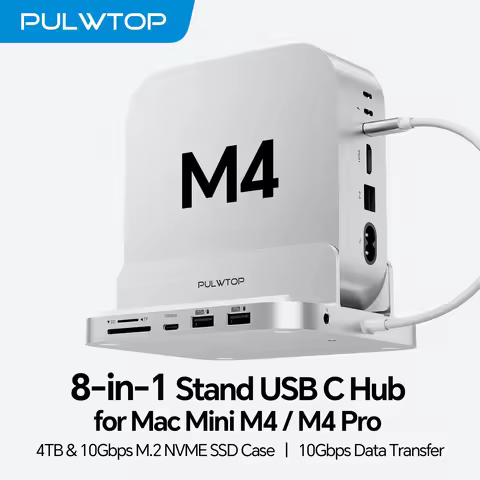PULWTOP Vertical Mac Mini M4 Dock with 4TB SSD Enclosure, USB A/C 3.2 10 Gbps, USB A 2.0, SD/TF, Aud