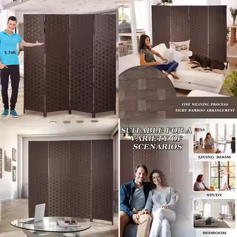 Portable 4-Panel 6-Foot Folding Room Dividers with Handcrafted Wood Mesh Design for Privacy and Spac