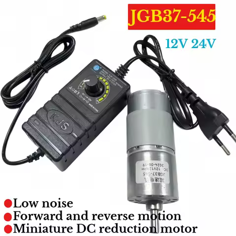 Equipped with power supply JGB37-545, this DC reducer motor operates at 12V or 24V with low noise.