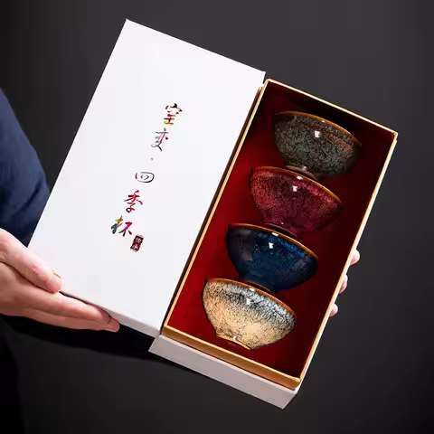 Kiln Change Four Seasons Cup Master Tea Bowl Gift Box Teacup Kung Fu Set Household Ceramic Cups Teaw