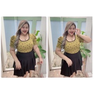 MM62 T-Shirt For Chubby Women Square Neck Short Sleeves Princess Style Colored Edges Cute Bow Patter