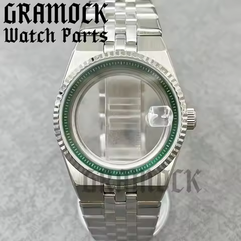 Gramock 36mm/40mm Sapphire Crystal Green Insert Land-Dweller Silver Watch Case With Bracelet Fit NH3