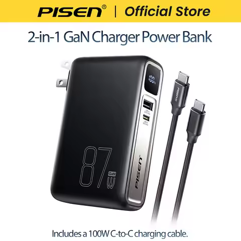 PISEN 10000mAh Power Bank with Wall Plug, 87W GaN 2-in-1 Hybrid Charger, Portable Charger with Built