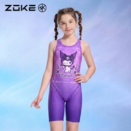 ZOKE Girls One‑Piece Knee‑Length Swimsuit Kuromi Cartoon Print Quick Dry Professional Training Kids 