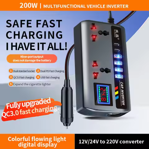12V/24V to 220V Car Converter 9 Ports fast Charging Automotive Charger Inverter 3 USB OC3.0 PD 2TYPE