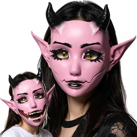 Halloween Pink Devil Mask Moving Jaw Demon Mask Cosplay Anime Horned Goblin Face Mask Party Costume 