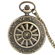 Retro Hollow Bronze Case Roman Number Black Dial Men Quartz Pocket Watch Pendant