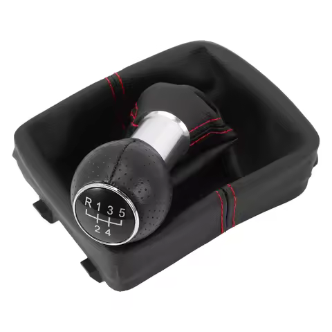 5 Speed 6Q1711113 Gear Stick Shift Knob Perforated PU Leather Frame GTI Look Red Gears Knob Compatib